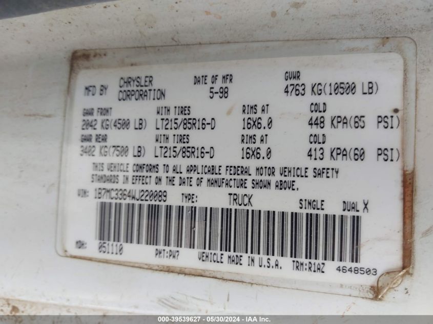 1998 Dodge Ram 3500 St VIN: 1B7MC3364WJ220089 Lot: 39539627