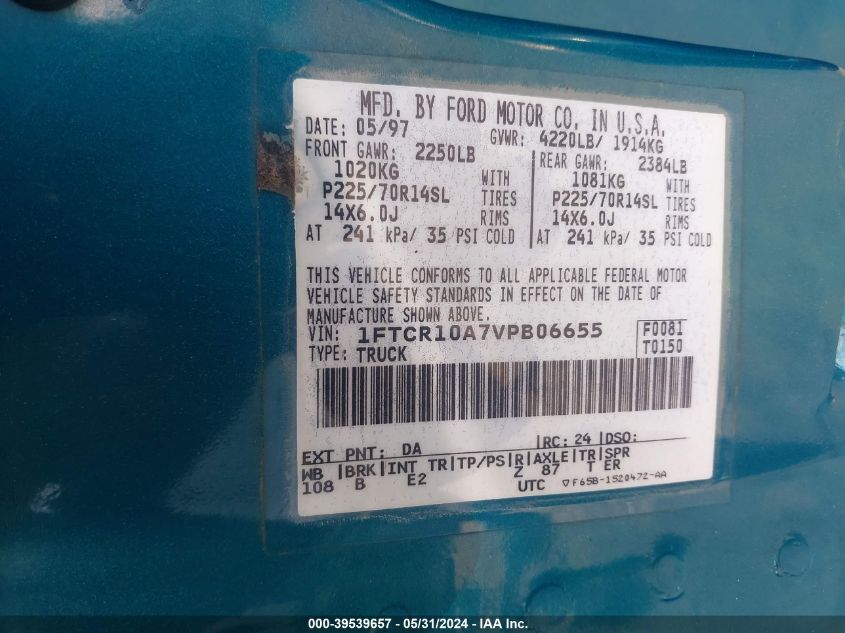 1997 Ford Ranger Splash/Xl/Xlt VIN: 1FTCR10A7VPB06655 Lot: 39539657