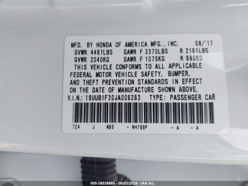 2018 Acura Tlx VIN: 19UUB1F30JA006283 Lot: 39539665