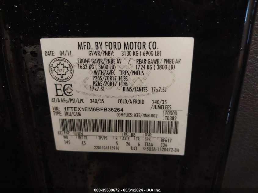 2011 Ford F-150 Stx VIN: 1FTEX1EM6BFB36264 Lot: 39539672