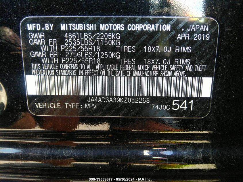 2019 Mitsubishi Outlander Le VIN: JA4AD3A39KZ052268 Lot: 39539677