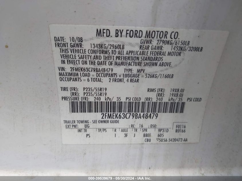 2009 Ford Flex Limited VIN: 2FMEK63C79BA48479 Lot: 39539679