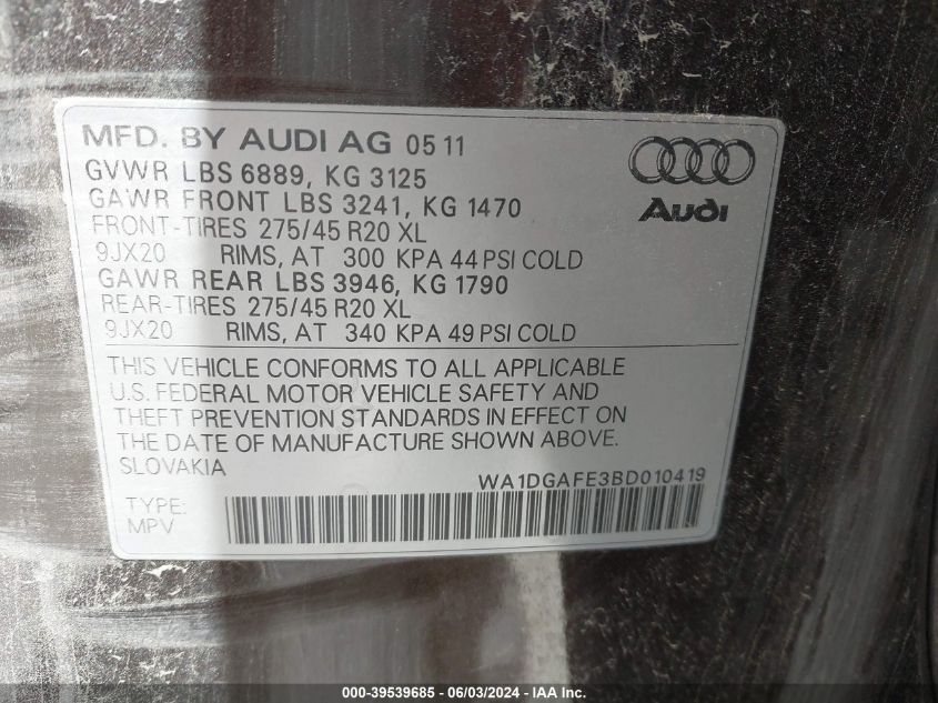 2011 Audi Q7 3.0T S Line Prestige VIN: WA1DGAFE3BD010419 Lot: 39539685