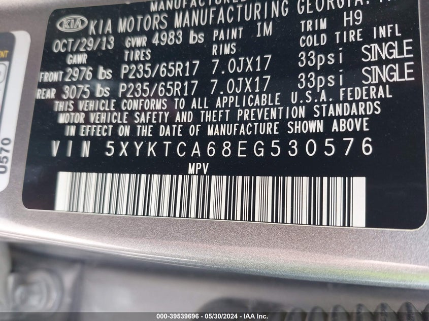 2014 Kia Sorento Lx VIN: 5XYKTCA68EG530576 Lot: 39539696