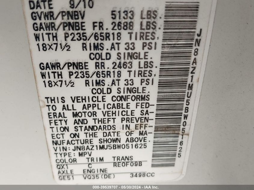 2011 Nissan Murano S/Sl/Le VIN: JN8AZ1MU5BW051625 Lot: 39539707