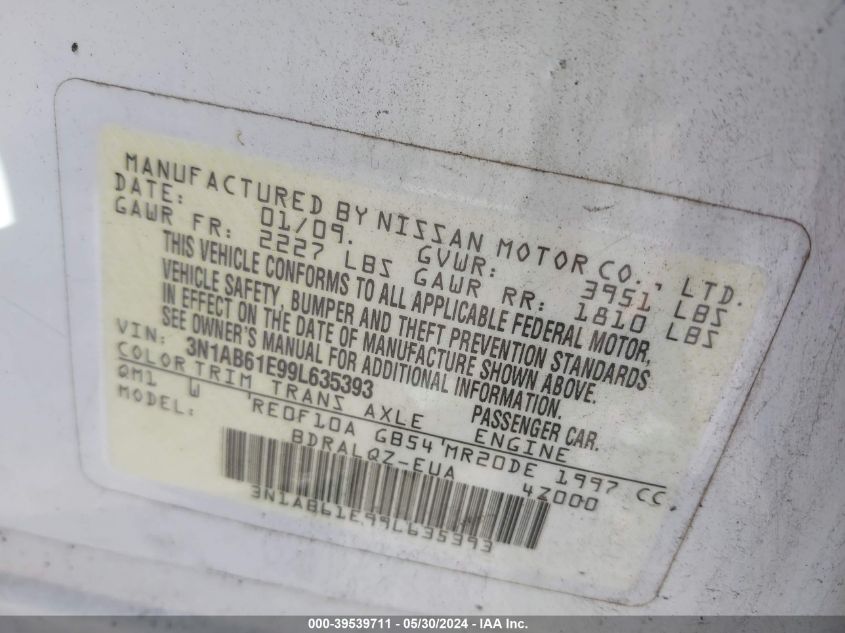 2009 Nissan Sentra 2.0 VIN: 3N1AB61E99L635393 Lot: 39539711