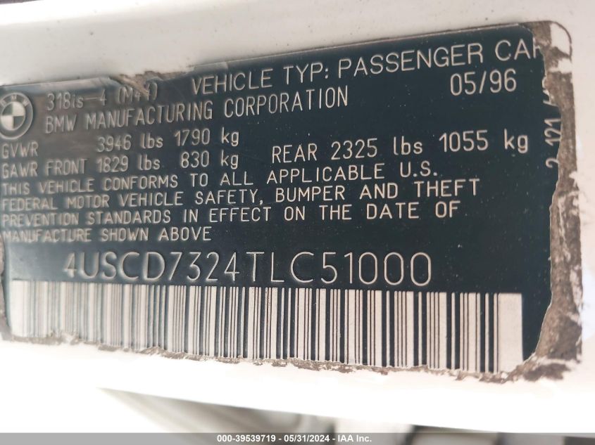 1996 BMW 318 I VIN: 4USCD7324TLC51000 Lot: 39539719