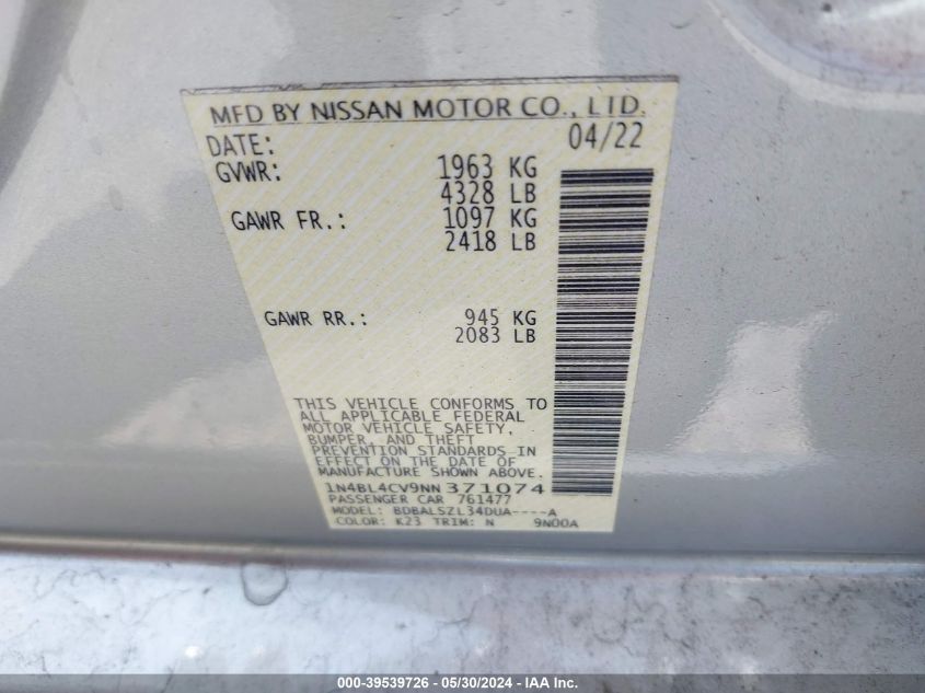 2022 Nissan Altima Sr Fwd VIN: 1N4BL4CV9NN371074 Lot: 39539726