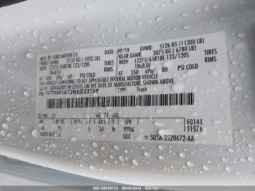2019 Ford F-350 Xlt VIN: 1FT8W3AT2KEE23759 Lot: 39539733