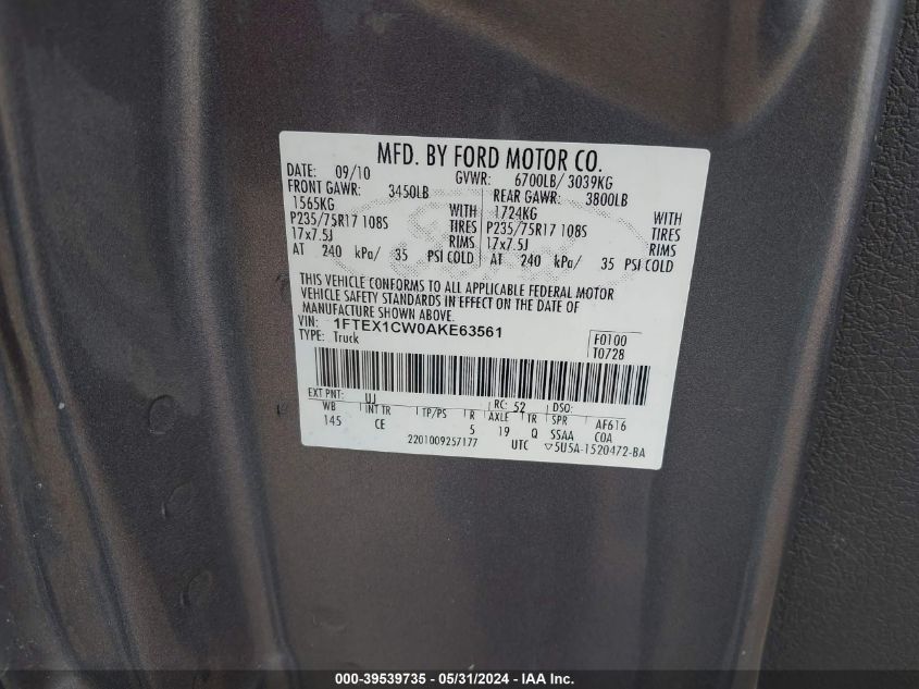 2010 Ford F-150 Stx/Xl VIN: 1FTEX1CW0AKE63561 Lot: 39539735
