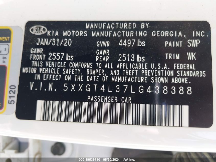 2020 Kia Optima Lx VIN: 5XXGT4L37LG438388 Lot: 39539740