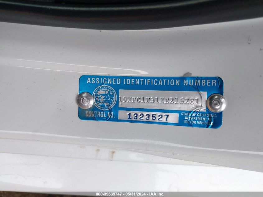 2019 Honda Civic Ex VIN: 19XFC1F31KE216281 Lot: 39539747
