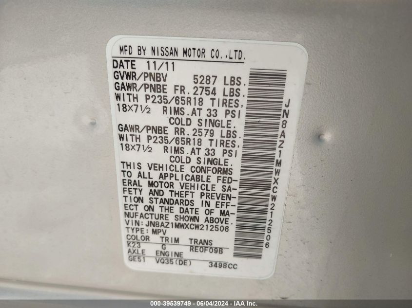 2012 Nissan Murano Sl VIN: JN8AZ1MWXCW212506 Lot: 39539749