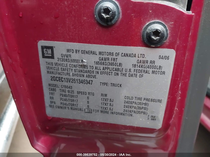 2006 Chevrolet Silverado 1500 Ls VIN: 2GCEC13V261346347 Lot: 39539752