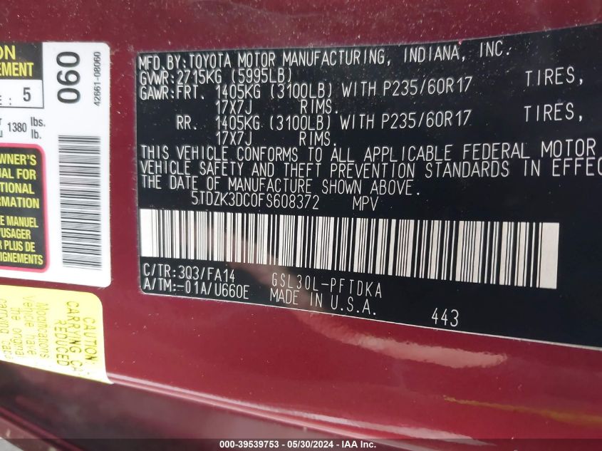 2015 Toyota Sienna L 7 Passenger VIN: 5TDZK3DC0FS608372 Lot: 39539753