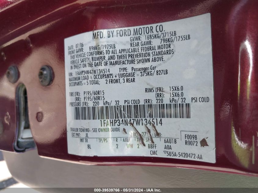 2007 Ford Focus S/Se/Ses VIN: 1FAHP34N47W134514 Lot: 39539766