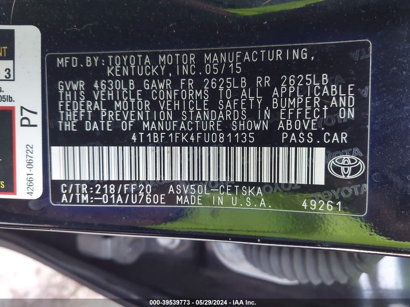 2015 Toyota Camry Se VIN: 4T1BF1FK4FU081135 Lot: 39539773