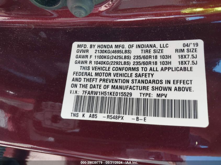 2019 Honda Cr-V Ex VIN: 7FARW1H51KE015529 Lot: 39539779