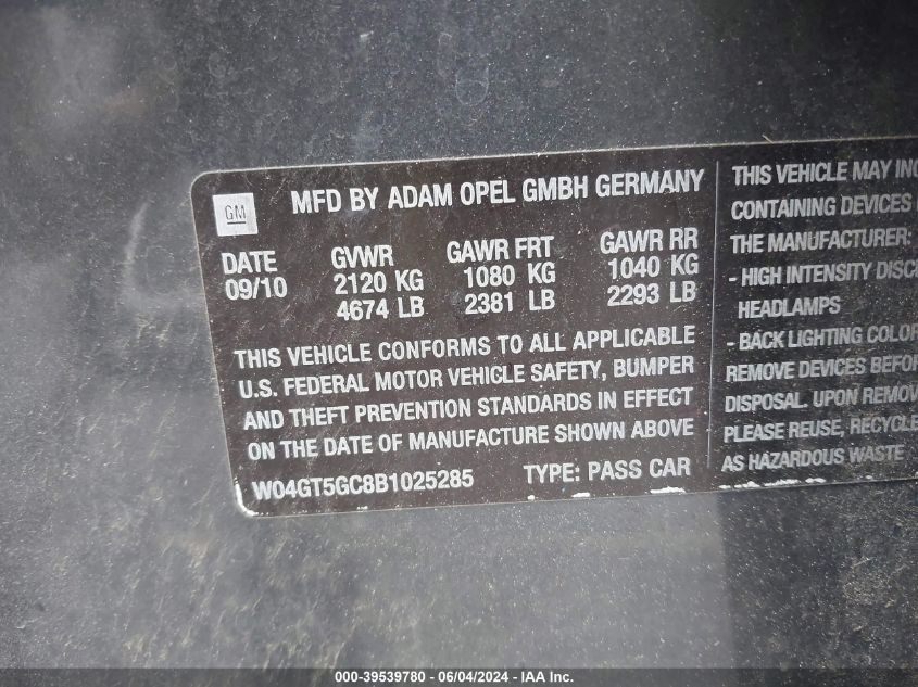 2011 Buick Regal Cxl Russelsheim VIN: W04GT5GC8B1025285 Lot: 39539780