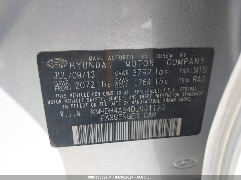 2013 Hyundai Elantra Gls/Limited VIN: KMHDH4AE4DU931123 Lot: 39539781