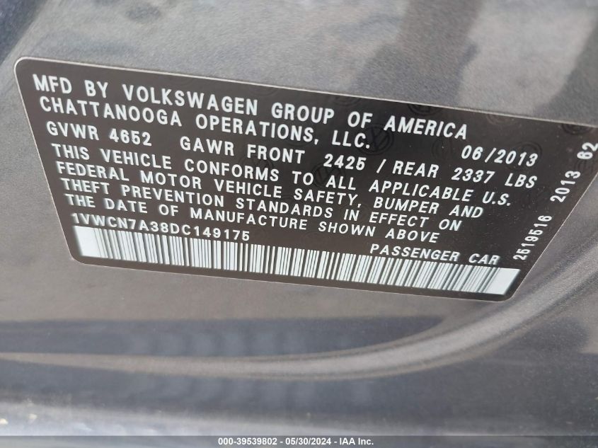 2013 Volkswagen Passat 2.0L Tdi Sel Premium VIN: 1VWCN7A38DC149175 Lot: 39539802