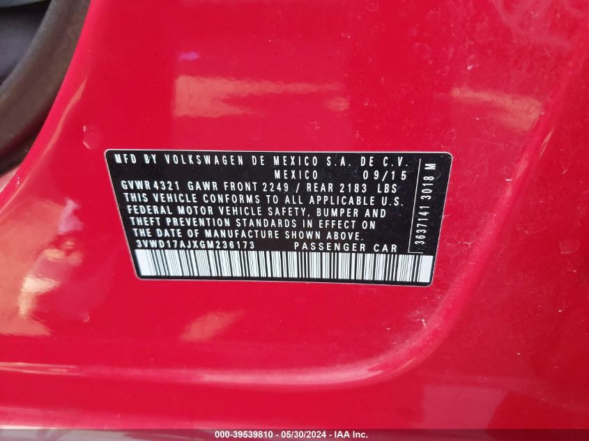 2016 Volkswagen Jetta Sport VIN: 3VWD17AJXGM236173 Lot: 39539810