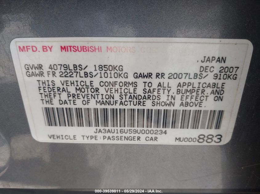 2009 Mitsubishi Lancer De VIN: JA3AU16U59U000234 Lot: 39539811