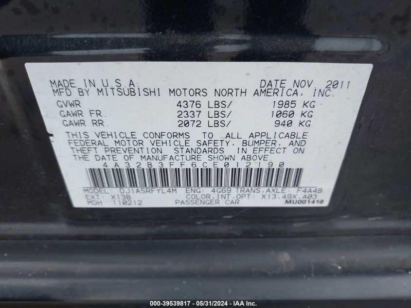 2012 Mitsubishi Galant Es/Se VIN: 4A32B3FF6CE012190 Lot: 39539817