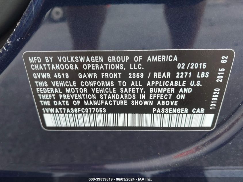 2015 Volkswagen Passat 1.8T S VIN: 1VWAT7A36FC077053 Lot: 39539819
