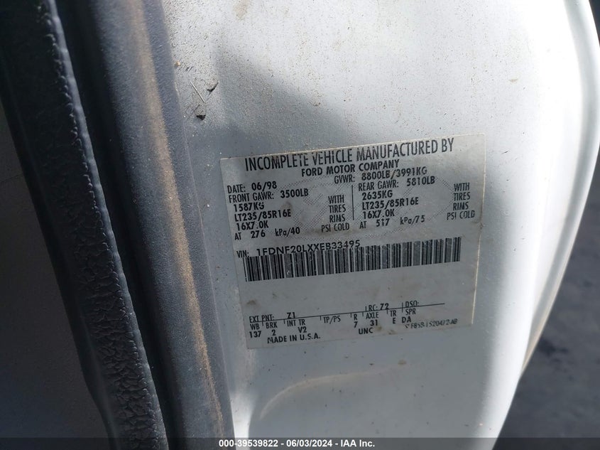 1999 Ford F-250 Lariat/Xl/Xlt VIN: 1FDNF20LXXEB33495 Lot: 39539822