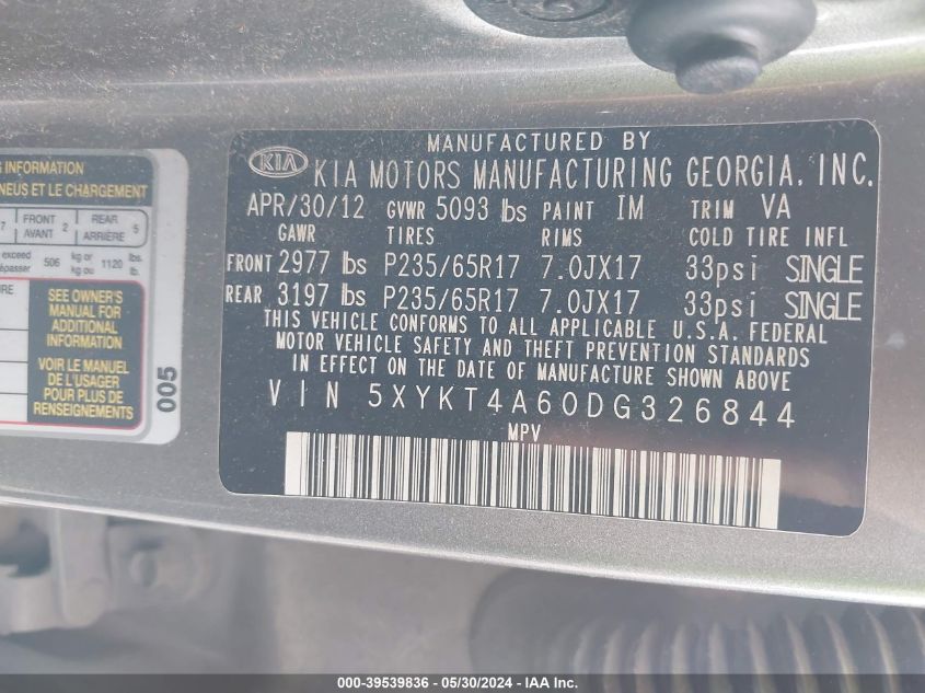 2013 Kia Sorento Lx VIN: 5XYKT4A60DG326844 Lot: 39539836