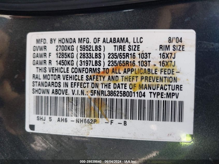 2005 Honda Odyssey Ex-L VIN: 5FNRL38625B001104 Lot: 39539840