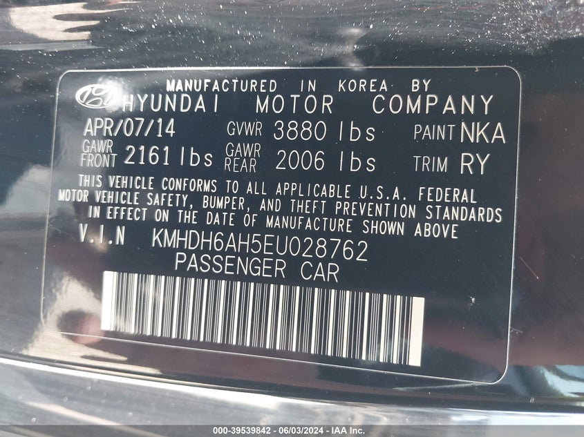 2014 Hyundai Elantra VIN: KMHDH6AH5EU028762 Lot: 39539842