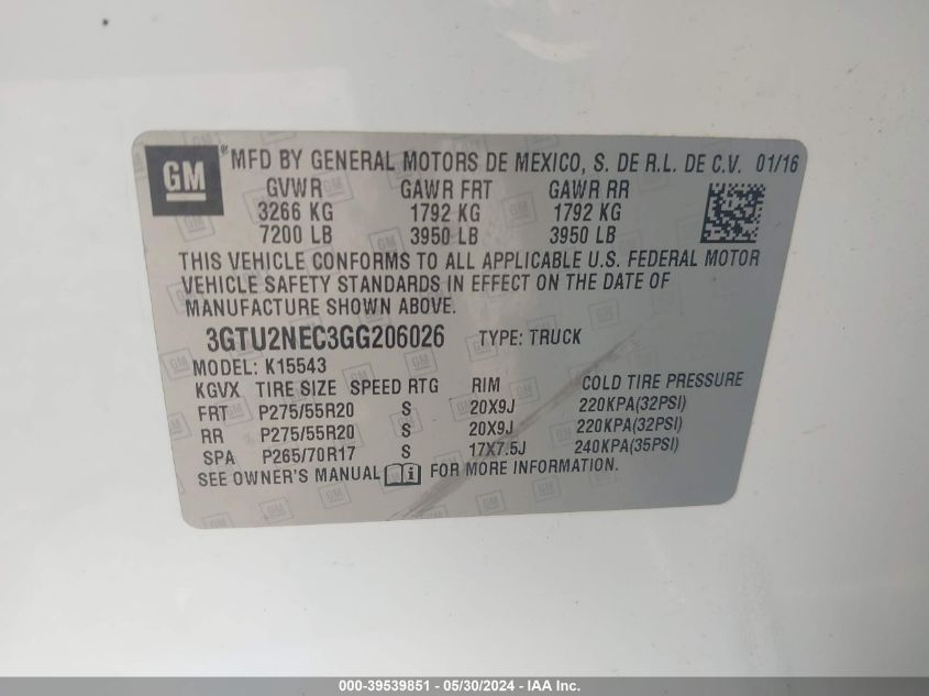 3GTU2NEC3GG206026 2016 GMC Sierra 1500 Slt