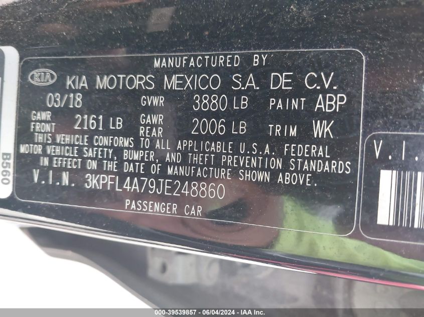 2018 Kia Forte Lx VIN: 3KPFL4A79JE248860 Lot: 39539857