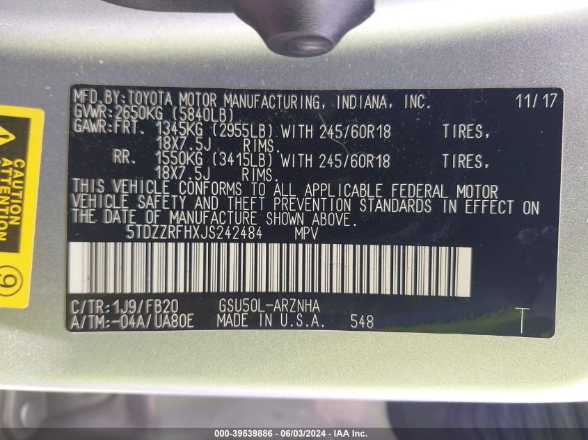 2018 Toyota Highlander Le VIN: 5TDZZRFHXJS242484 Lot: 39539886