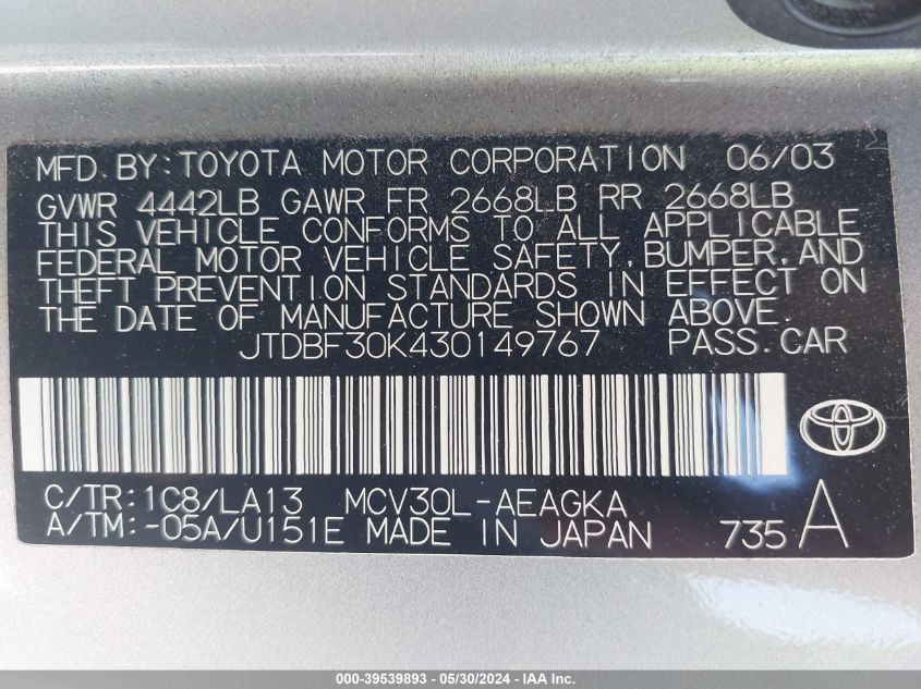 2003 Toyota Camry Xle V6 VIN: JTDBF30K430149767 Lot: 39539893