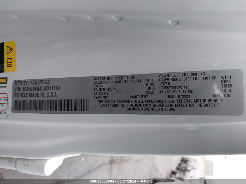 2020 Jeep Wrangler Unlimited Rubicon 4X4 VIN: 1C4HJXFG4LW311719 Lot: 39539904