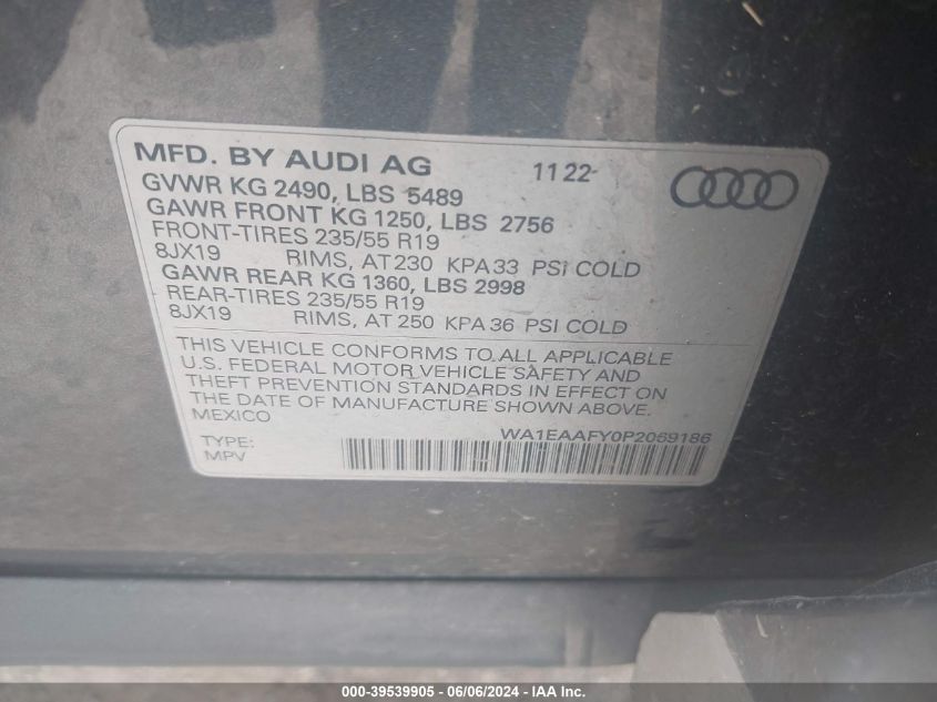 2023 Audi Q5 Premium Plus 45 Tfsi S Line Quattro VIN: WA1EAAFY0P2069186 Lot: 39539905