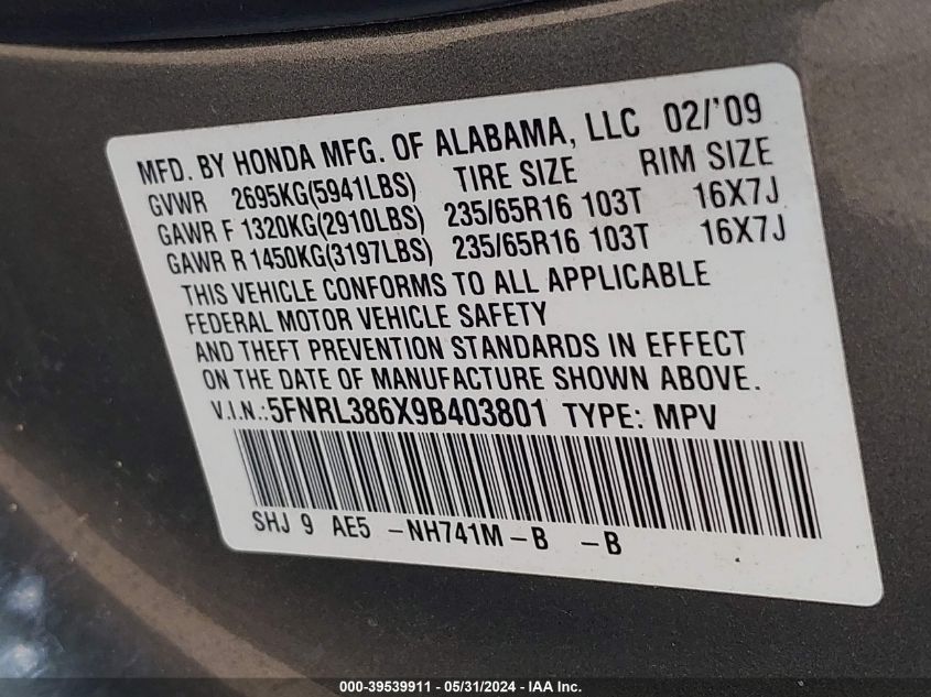 2009 Honda Odyssey Ex-L VIN: 5FNRL386X9B403801 Lot: 39539911