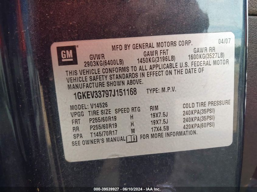 2007 GMC Acadia Slt-1 VIN: 1GKEV33797J151168 Lot: 39539927