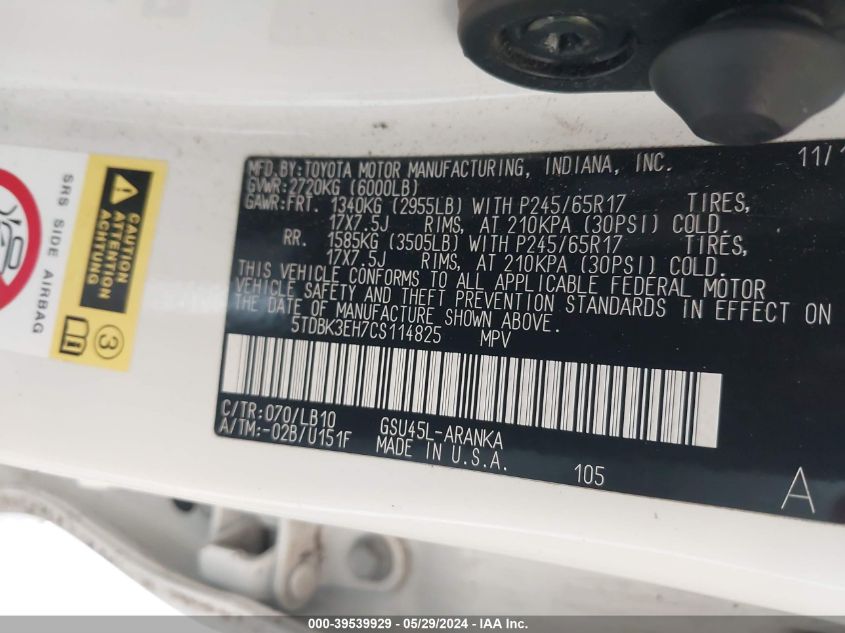 2012 Toyota Highlander Se V6 VIN: 5TDBK3EH7CS114825 Lot: 39539929