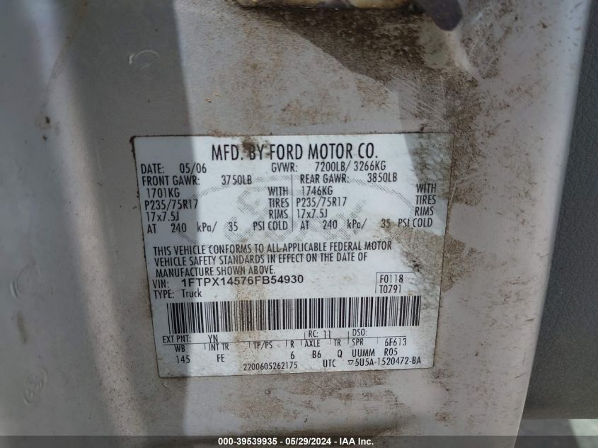 2006 Ford F-150 Fx4/Lariat/Xl/Xlt VIN: 1FTPX14576FB54930 Lot: 39539935