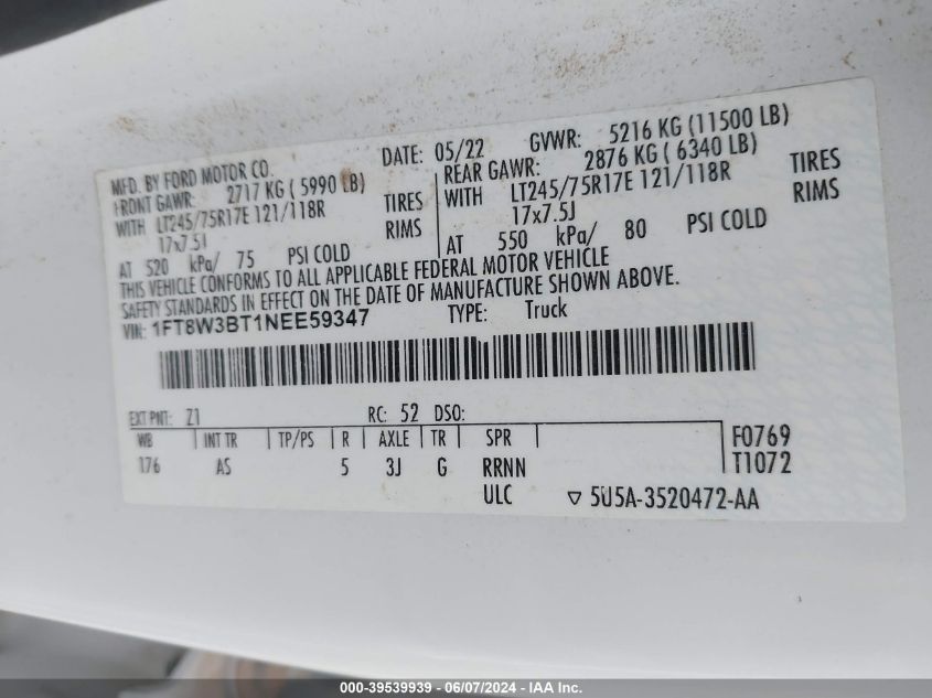 2022 Ford F-350 Xl VIN: 1FT8W3BT1NEE59347 Lot: 39539939