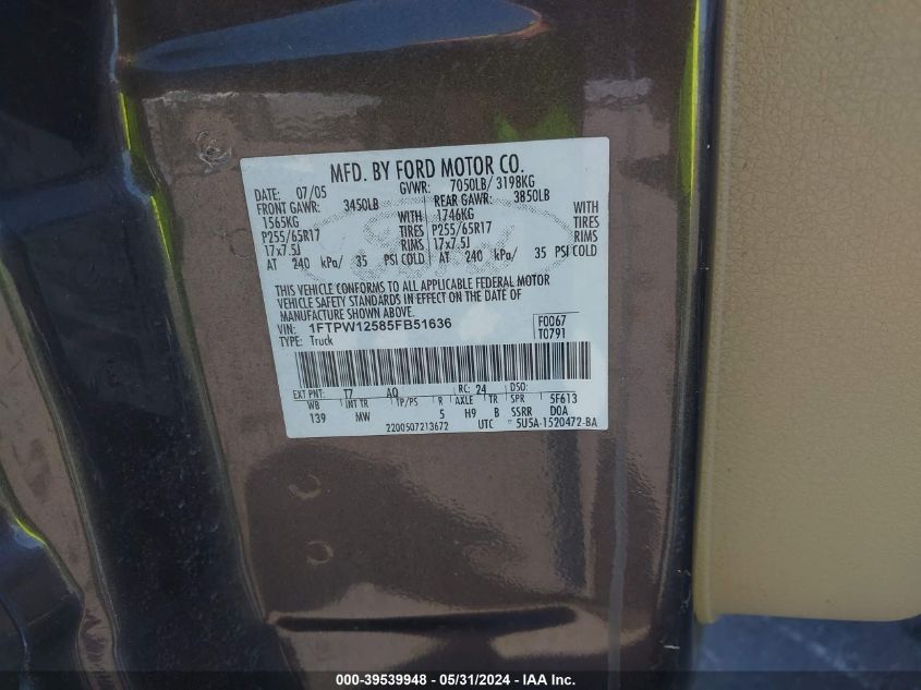 2005 Ford F150 Supercrew VIN: 1FTPW12585FB51636 Lot: 39539948