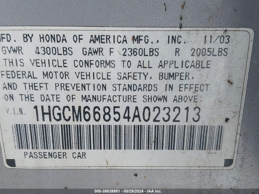 1HGCM66854A023213 | 2004 HONDA ACCORD