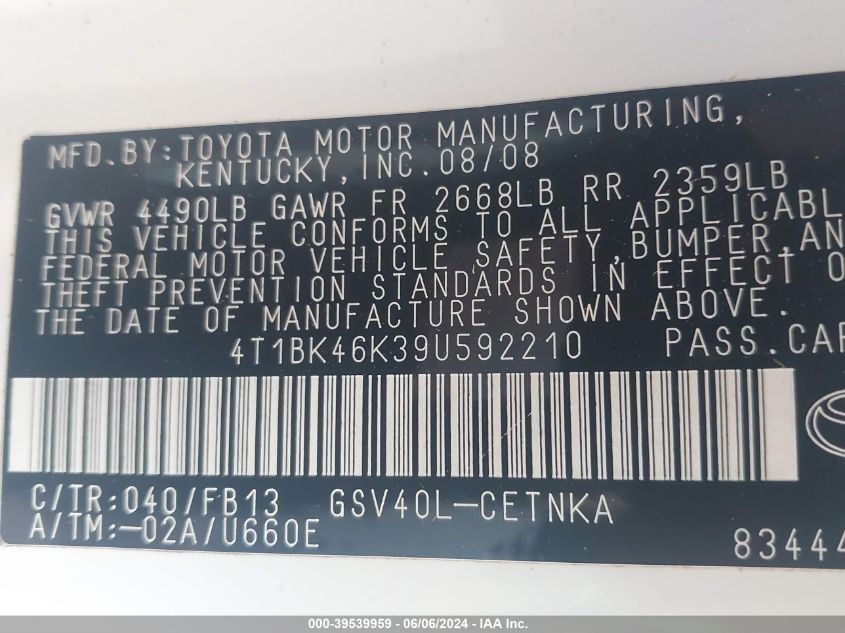 2009 Toyota Camry Le V6 VIN: 4T1BK46K39U592210 Lot: 39539959