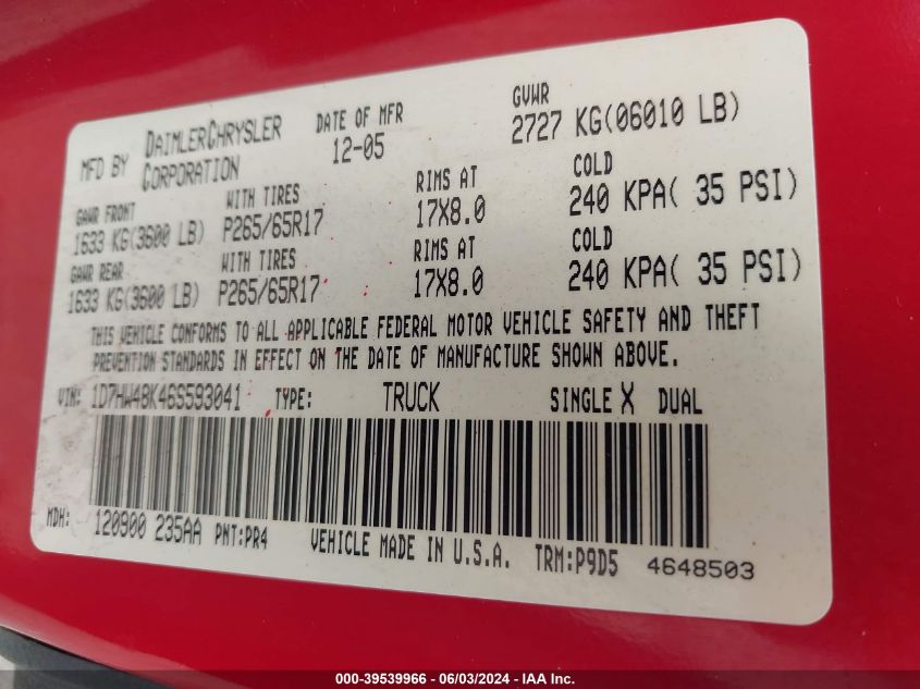 2006 Dodge Dakota Slt VIN: 1D7HW48K46S593041 Lot: 39539966