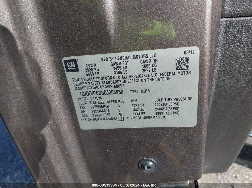 2012 GMC Acadia Sle VIN: 1GKKVPED5CJ383953 Lot: 39539994