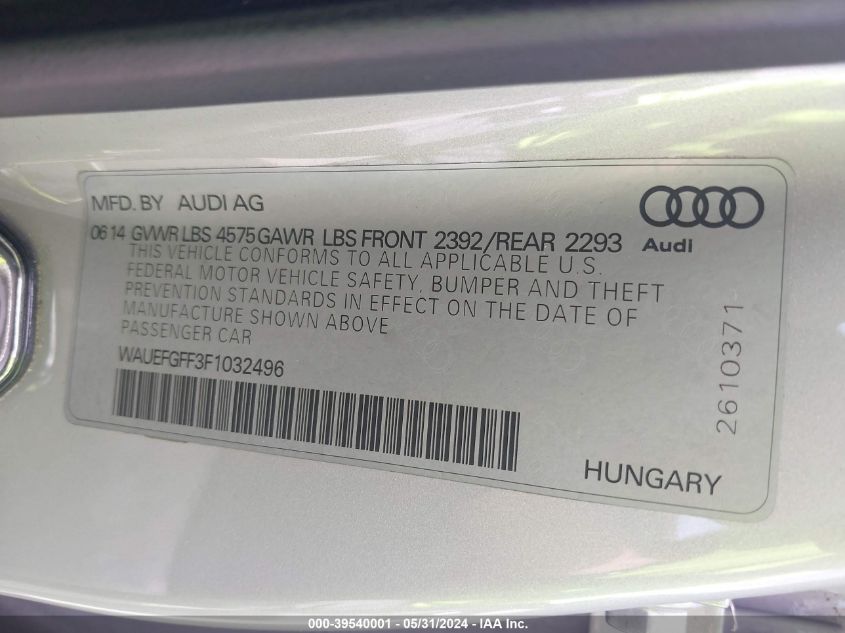 2015 Audi A3 2.0T Premium VIN: WAUEFGFF3F1032496 Lot: 39540001